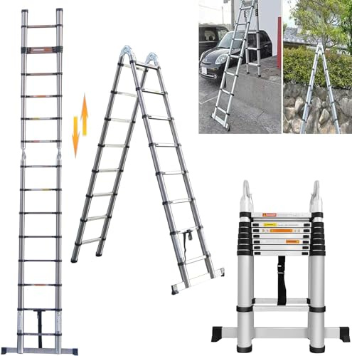 5M Telescopic Ladder 2.5M+2.5M A-Frame Multi-Purpose Stainless Steel Extension Ladder Telescoping Ladder Extendable Anti-Slip Loft Ladder Collapsible Ladder Portable Folding Ladder, Max Load 150kg
