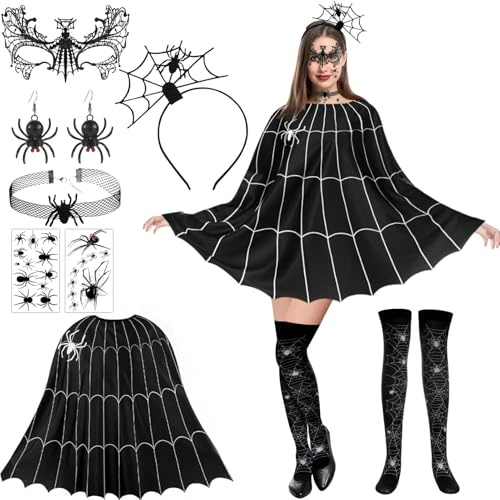 7 Stück Halloween Kostüm Spinne, Spinnennetz Kleid Poncho Kostüm | Spinnennetz Poncho, Kostüm Spinne, Spinne Maske, Halloween Kostüm Set, Spinnennetz-Umhang für Damen Halloween Dress Up Party
