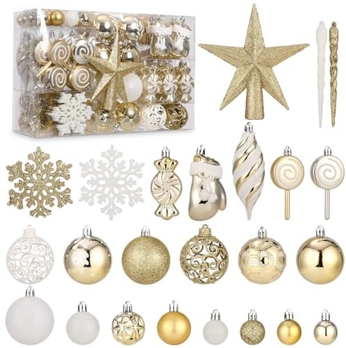 130 Stück Weihnachtskugeln Gold Set, Weihnachtsbaumkugeln Plastik für Weihnachten,Feste, Christbaumkugeln Kunststoff,Weihnachtsornament Aus Kunststoff,Christbaumkugeln Set mit Hängeschleife（Gold&Weiß）