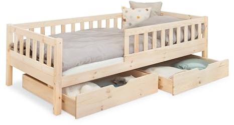 Ehrenkind® Kinderbett Lille | Kinderbett 90x200 cm inkl. abnehmbaren Rausfallschutz und Schubladen aus Massivholz FSC® zertifziert | Jugendbett 90x200 Natur