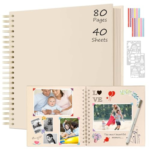 Boic Álbum de Fotos Scrapbook 30x30cm, DIY Espiral Álbum de Recortes para Pegar y Escribir 80 Páginas, Regalos de Boda Aniversario Bebé Cumpleanos Familiares (Blanco Lechoso)