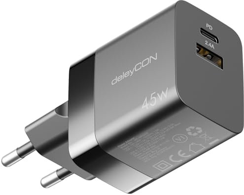 deleyCON Caricabatterie USB-A e C (2 Porte - Caricatore Rapido Compatto 45W) Alimentatore USB per iPhone 17/16/15/14/13 Galaxy S25/S24 Cellulari Pixel iPad Tablet Laptop Notebook Caricatore - Nero