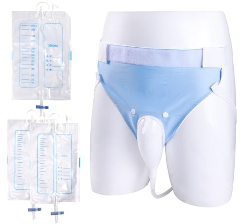 Bolsa de recolección de orina con catéteres de condón para hombres, reutilizable, portátil, drenaje urinario con sistema de bolsa de catéter de orina (2000 ml x 1 + 1000 ml x 2) (azul-hombres mayores)