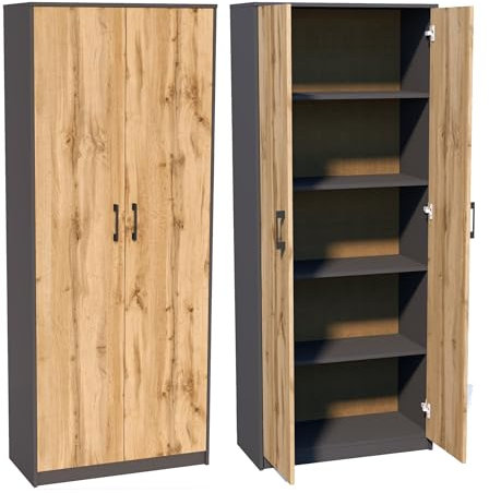 Home Collective Schrank Mehrzweckschrank Aktenschrank Hochschrank mit 5 Fächern 2 Türen 74x35x180 cm vielseitig einsetzbar für Büro Flur Küche Hauswirtschaftsraum stabil & pflegeleicht | graphit/eiche