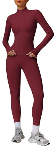 JN JANPRINT Conjunto de gimnasio de 2 piezas para mujer, chándal, conjunto deportivo, traje de yoga, manga larga, ropa deportiva con cremallera superior, leggings de entrenamiento, ropa de fitness