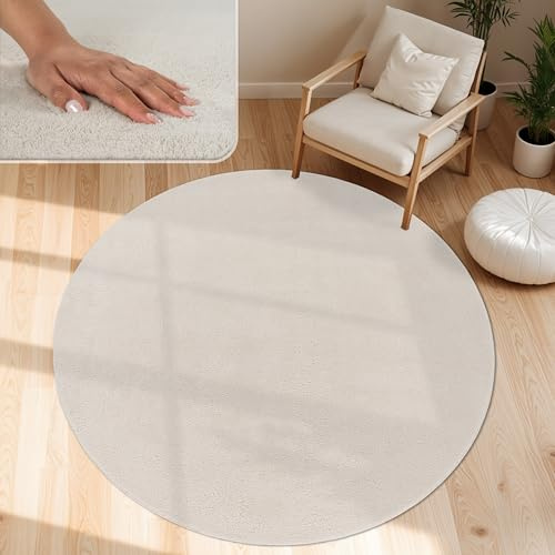 Paco Home Moderner Kuscheliger Wohnzimmer Teppich Kurzflor waschbar flauschig Weich Einfarbig Felloptik zeitlos stilvoll rutschfest pflegeleicht, Grösse 200 cm Rund, Farbe: Creme 4