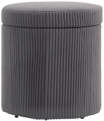 HOMCOM 40cm Round Storage Ottoman, Corduroy Footstool with Removable Lid and Legs, Vanity Stool for Living Room, Bedroom, Grey