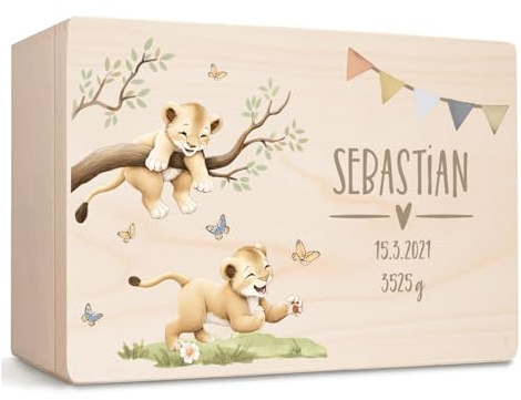 Little Deco Personalisierte Erinnerungsbox Baby Löwen Holzkiste | M - 30 x 20 x 13 cm | Babybox Erinnerungskiste mit Namen Geschenkidee zur Geburt für Mädchen & Jungen XHL1036-01