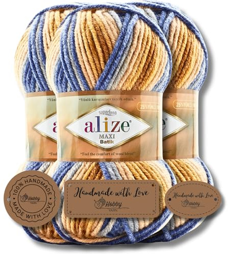 Hobby YARN 3x Etikettenlabel mit Alize Superlana Maxi Batik Wolle Premium 1x100g als Set, Yarn, Garn, Strickgarn mit Farbverlauf, Baby, zum Häkeln, Stricken, Kleidung, Schals (7914)