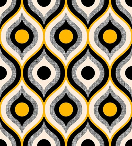 SOEWIOU Vintage Oval and Circular Geometric Peel and Stick Wallpaper,44.5×600cm Yellow, Black and Grey Fabric Textured Removable Self Adhesive Wallpaper for Living Room Bedroom