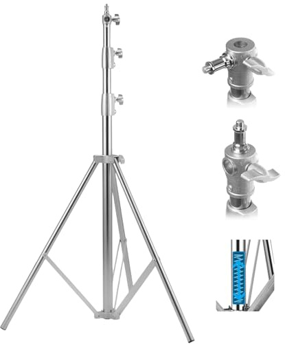 BOLLUMA 280cm Photography Light Stand, Spring Cushioned Tripod Stand with 1/4 to 3/8 Reversible Spigot, 7.5kg Load, Stainless Steel, for Video Light Strobe Reflector Softbox Photo Studio Shooting