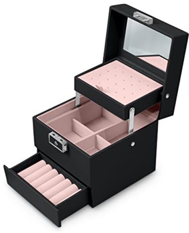 Massido Schmuckkästchen Schmuckschatulle mit Spiegel Schmuckaufbewahrung Organizer Tragbar 13 cm x 13 cm x 12,5 cm Schwarz