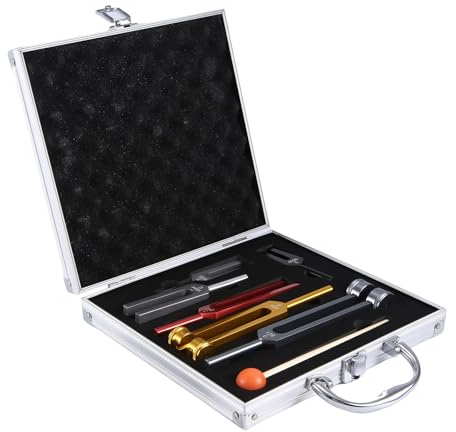 Kueohse Stimmgabel-Set (128 Hz, 256 Hz, 512 Hz, 1024 Hz, 2048 Hz, 4096 Hz) mit Stimmgabelhammer für Klangheilung, Klangvibrationswerkzeuge, Langlebig