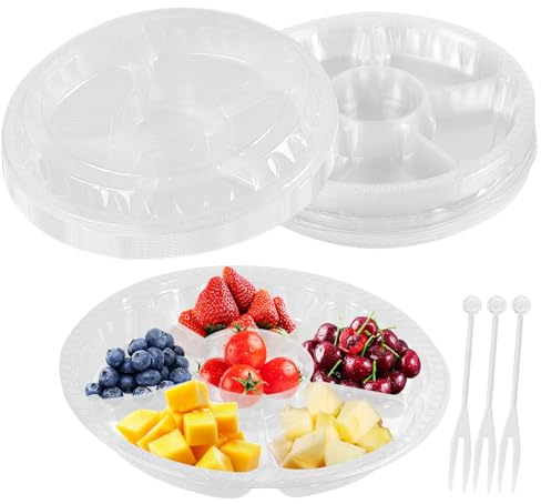 PINGEUI 15-pack klara fack serveringsbrickor med lock, 26,5 cm återanvändbar plast mellanmålsbricka, rund 6 sektioner grönsaksfat för frukt, grönsaker, mellanmål och förrätter