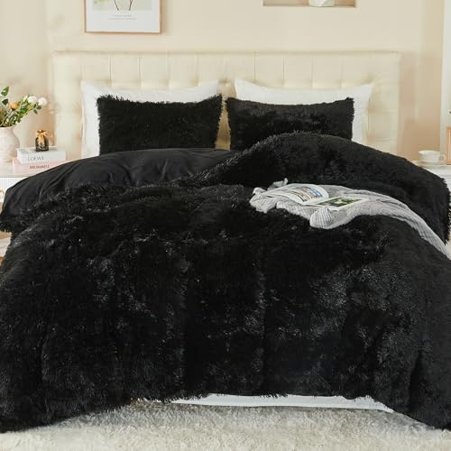 EMME Ensemble de literie en peluche 200x200cm avec couette moelleuse en castor, ensemble pour lit Shaggy et peluche, ensemble de draps doux et 2 taies d'oreiller 80x80cm, Noir