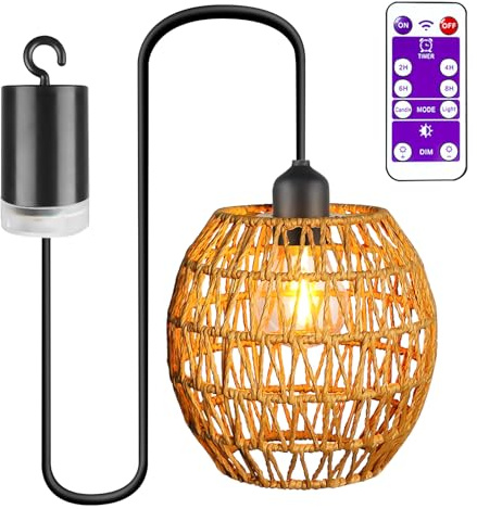 Aicharynic Lámpara de techo con batería y mando a distancia, lámpara colgante de ratán inalámbrica con temporizador, lámpara colgante vintage para balcón, terraza, dormitorio, lámpara decorativa de