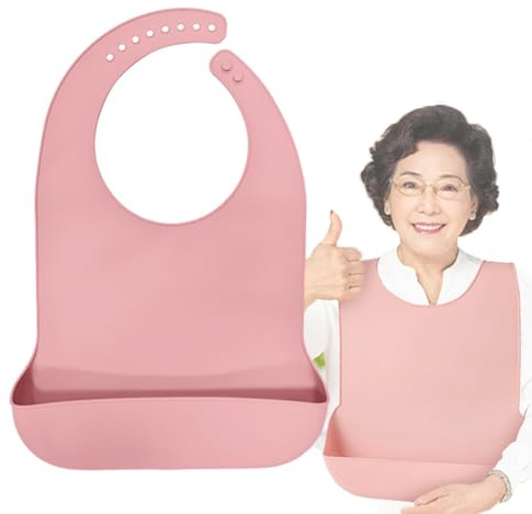 MRDLKNX Bavoir réglable en silicone pour adulte, lavable avec récupérateur de miettes, grand bavoir d'alimentation imperméable pour personnes âgées, Rose, taille unique