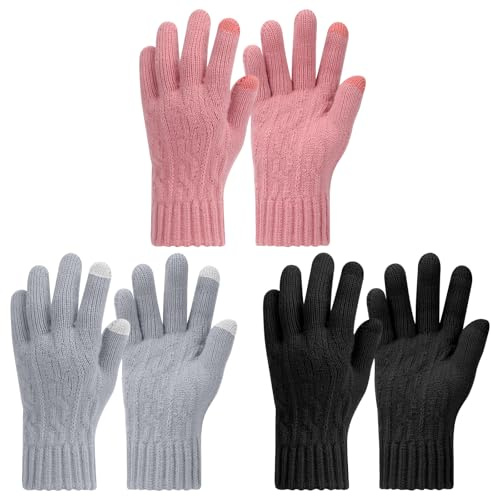 Mayoii 3PCS Winter Gloves for Women,Thermal Knit Touchscreen Gloves with Fleece Lining,Womens Mens Glove Touchscreen for Running,Ski,and Cold Weather (3, Black+Gray+Red, One Size)