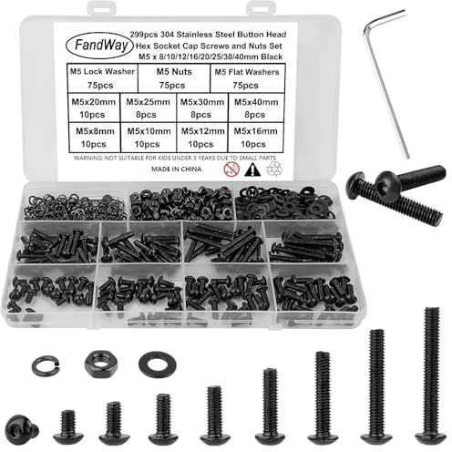 FandWay M5 Schrauben Set,299 Stück Linsenkopf Schrauben mit Innensechskant,Rundkopf Gewindeschrauben,Sechskantschrauben Edelstahl 304 Schwarz Epoxid,Maschinenschrauben Muttern und Unterlegscheiben.