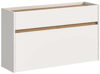 xonox.home – Schuhkommode Drive 110x61x32 cm in Weiß und Artisan Oak Nachbildung – Flurkommode mit Schublade – Moderner Schuhschrank für Diele & Eingangsbereich – platzoptimiert