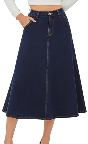 HUSKARY Skirts for Women Trendy 2026 High Waisted A Line Stretchy Blue Jean Midi Skirts with Pockets