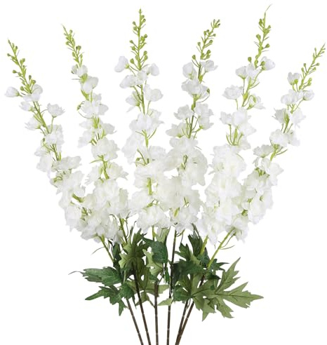 Fqueelvys White Delphinium Artificial Flowers 6PCS 40.55 Long Stem Silk Larkspur Snapdragon Flowers for Tall Vase for Home Wedding Table Decor(White)