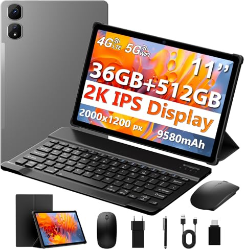 MAXLEGEN Tablet 11 Zoll, 2K FHD, 36GB RAM+512GB ROM/1TB TF, 4G LTE Dual SIM+5G WLAN, 2GHz Octa-Core Android 15 Tablet mit 9580mAh Akku, 13MP, GPS, GMS, Tablets mit Tastatur/Stift/Maus/Hülle