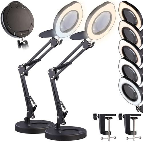 Lunartec Leselupe: 2er-Set LED-Lupenleuchte, 10-fach, CCT, 500 lm, Tischklemme/Standfuß (LED-Lupe, Schreibtischlampe mit Lupe, Uhr)