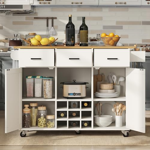 LAKFEW Isla Cocina con Ruedas y Tablero Plegable, Isla de Cocina con 3 Cajones y 2 Puertas, Mueble Auxiliar con Botellero y Compartimento Abierto, Ilha de Cozinha, 124x40(65) x91.5 cm, Blanco