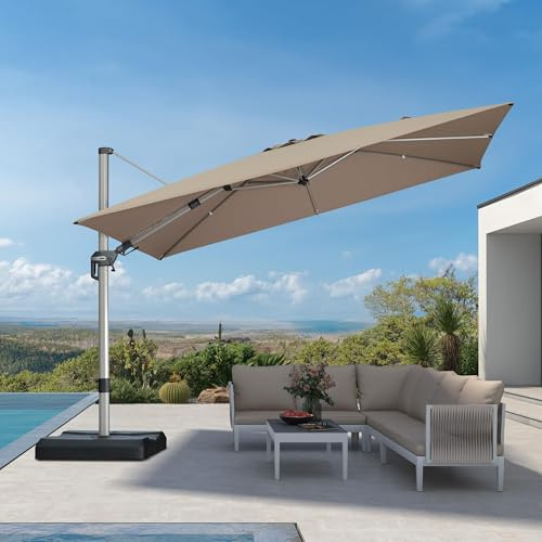 PURPLE LEAF Parasol De Jardin Extérieur 3,5 × 2,5 m, Inclinaison Bilatérale, Rotation 360°, Protection UPF 50+, Aluminium Champagne, Meilleure Utilisation de l'espace (Pas de Perte de Largeur), Taupe
