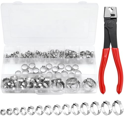 170 Stück Einohr-Schlauchschellen mit Schlauchklemmzange 14 Größen | (5.3-33.1mm) Rohrschellen Edelstahl Schlauchschellen Set Einohrschellen Schlauchklemmen Set