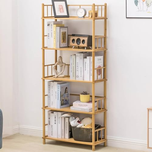 GOGOGO Expandable Freestanding Open Bamboo Book Shelf - No-Tool Assembly & Modular,Bathroom Storage Shelf Unit Plant Stand for Small Space, Bedroom, Living Room, Home Office (1, Natural, 5 Tier)