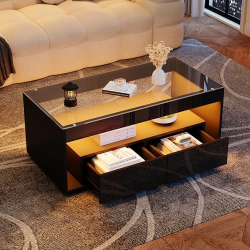 okwish Couchtisch mit LED & Schubladen, Schwarz Hochglanz 100x50x40 cm