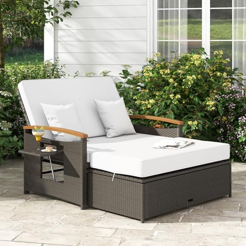 GIANTEX Lounge Möbel Outdoor, Gartensofa mit Liegefunktion, Outdoor Sofa | 3-in-1 Design, Stauraum, weichen kissen, Doppelliege Outdoor 2 Personen, Rattan Gartenliege, Gartenlounge, für Garten Balkon