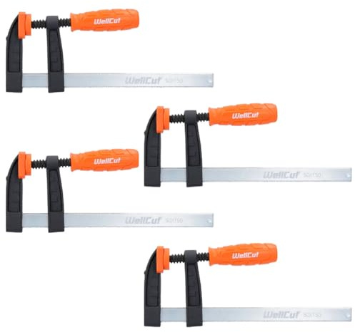 WELLCUT Heavy Duty Non-Slip Mechanism Soft Jaw Cap Anti-Scratch S2 Steel Quick Slide Woodworking F Bar Clamp with Ergonomic Grip Handle 50X150, Clamping Force 120 kg (Pack of 4)