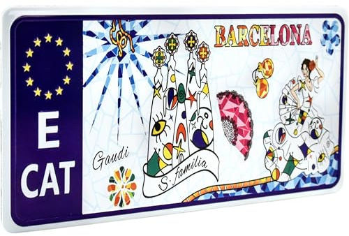 Imán Decorativo Barcelona para Nevera | Diseño Gaudí y Sagrada Familia | Souvenir de España Estilo Matrícula | Recuerdo de Viaje y Regalo Original | E Cat