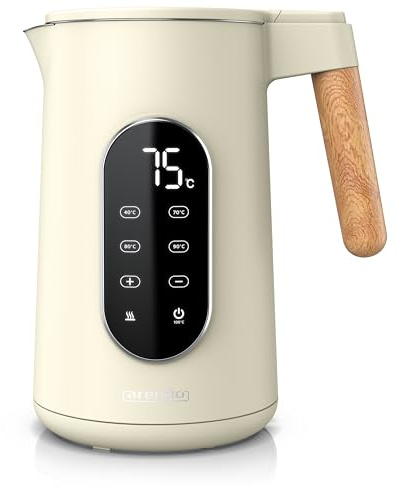 Arendo - Edelstahl Wasserkocher mit Temperatureinstellung 40-100°C - Doppelwand Design Cool Touch - Display im Gehäuse - Kabellos - 2200 W - 1,7L – Überhitzungsschutz – Warmhaltefunktion - BPA-frei