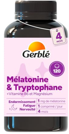 GERBLE - Mélatonine & Tryptophane 1 mg - Avec Magnésium - Complément Alimentaire Sommeil - Endormissement & Fonction nerveuse - Vegan - Programme 4 Mois (120 Comprimés)