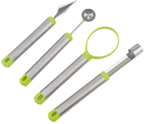 SOESFOUFU Set 4 Pezzi Utensili per Intagliare Frutta in Acciaio Inox e Plastica, Scoops per Melone e Scavino per Decorazioni Facili, per Preparare Piatti di Frutta a Casa Colore Casuale