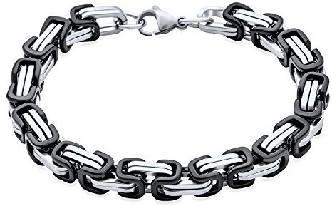 Biker Jewelry Two tone Byzantine Chain Mechanic Double Link Mens Bracelet Men Black Silver Or Gold-Tone Stainless Steel Heavy Flexible 8.5, 9 Inch
