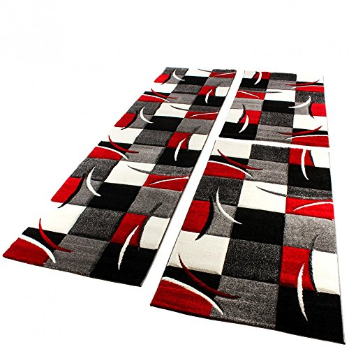 Paco Home Bettumrandung Läufer Teppich Modern Karo Rot Grau Schwarz Weiss Läuferset 3 TLG., Grösse:2mal 80x150 1mal 80x300