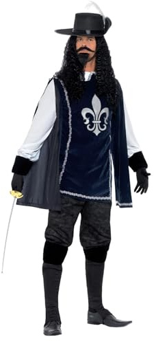 Smiffy's 43415L - Musketier Male Kostüm mit Zylinder Navy Handschuhe Überstiefel Bart und Tash
