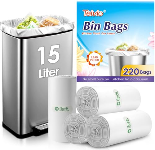 Teivio Müllbeutel, 15 L, 220 Stück, reißfest, kleine Kunststoffbeutel für Zuhause, Büro, Küche, Bad, transparent, passend für 10-15 L Mülleimer