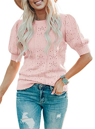 Saodimallsu Damen Pullover Puff Kurzarm Sommer Leicht Strickpullover Rundhals T-Shirt Oberteile Basic Strickshirts Rose Klein
