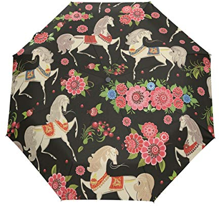 Prinzessin Gänseblümchen Pferd Regenschirm Taschenschirm Automatische Reise Winddichte Sonnenschutz Trekkingschirm Wanderregenschirm für Frauen Männer