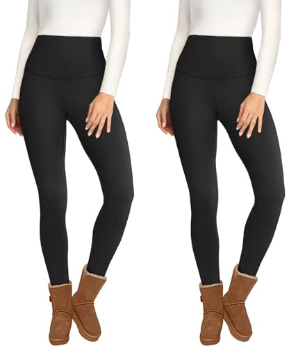 Opuntia 2 Pack Fleece Lined Leggings for Women - Thermal Winter Warm Tights Tummy Control High Waisted Workout Yoga Pants