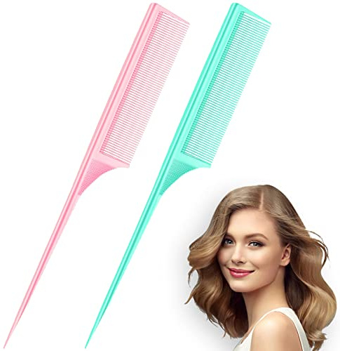 Leinuosen 2 Pack 9 Inch Rat Tail Comb for Women Fine Tooth Parting Comb Carbon Fiber Heat Resistant Teasing with Plastic Pick Hair Styling Thin Lightweight for Women Men(Pink, Green)