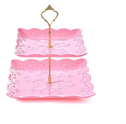 Koomuao Espositore per torta in plastica, vassoio per torte supporto per cupcake stand di frutta, cestino per frutta, piatto da torta supporto per pasti, rosa - A, 2 piani