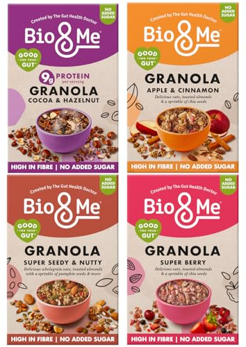 Bio&Me: Granola Variety 4-Pack (4 x 360g) / 4 Flavours: Apple & Cinnamon, Cocoa & Hazelnut, Super Berry, Super Seedy & Nutty/Vegan, No Added Sugar, Gut Loving Goodness