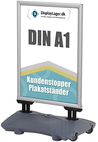 DisplayLager Kundenstopper Doppelfederung Model Wind-Pro | Für DIN A1 594x841 mm. Robuster Wetterfester Plakataufsteller. Standgewicht für hohe Windgeschwindigkeiten und Rollen (A1, Grau)